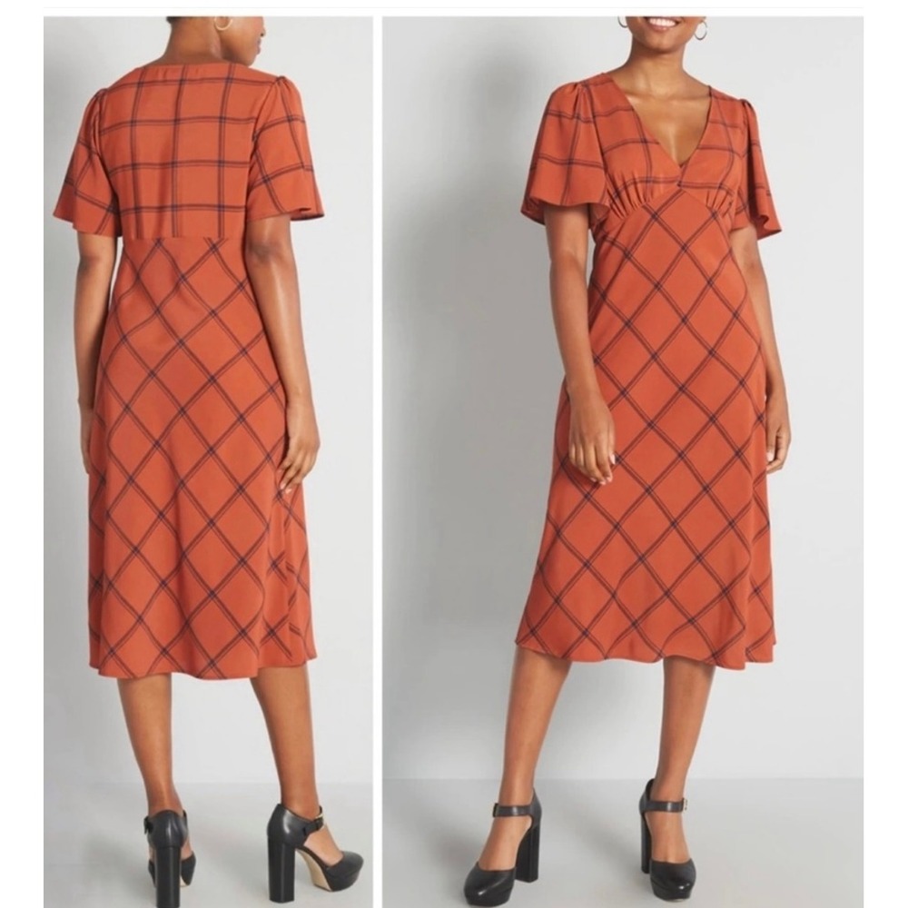 ModCloth Orange Plaid Flutter Sleeve V Neck Midi Dress Womens‎ M - Picture 2 of 16